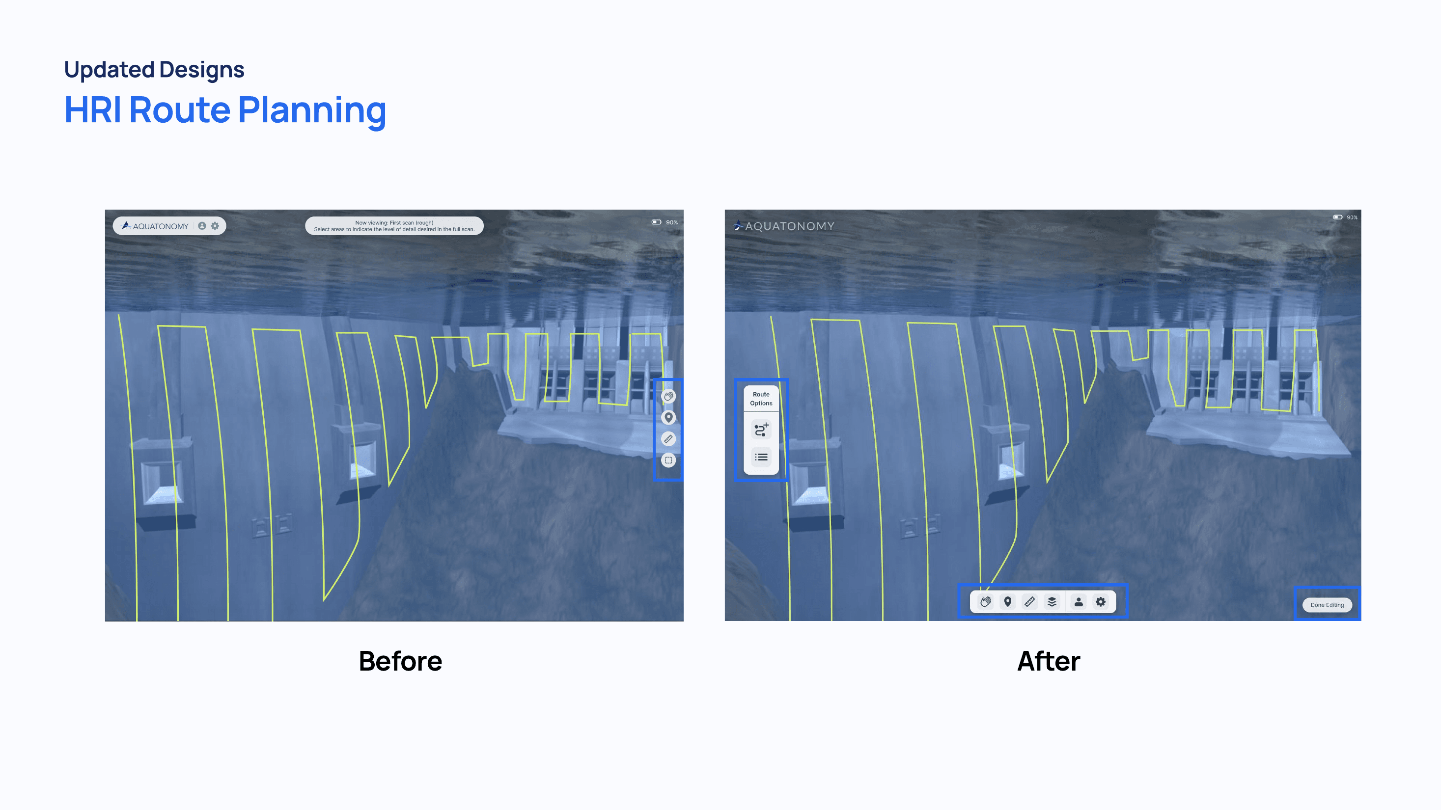 Before-and-after comparison of an underwater scan route-planning interface