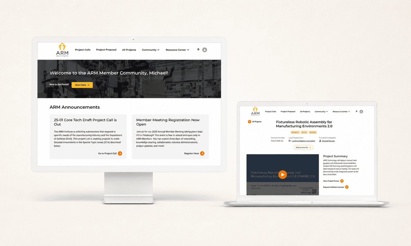 Redesigned ARM member portal on a desktop and laptop: the member home and a project detail page
