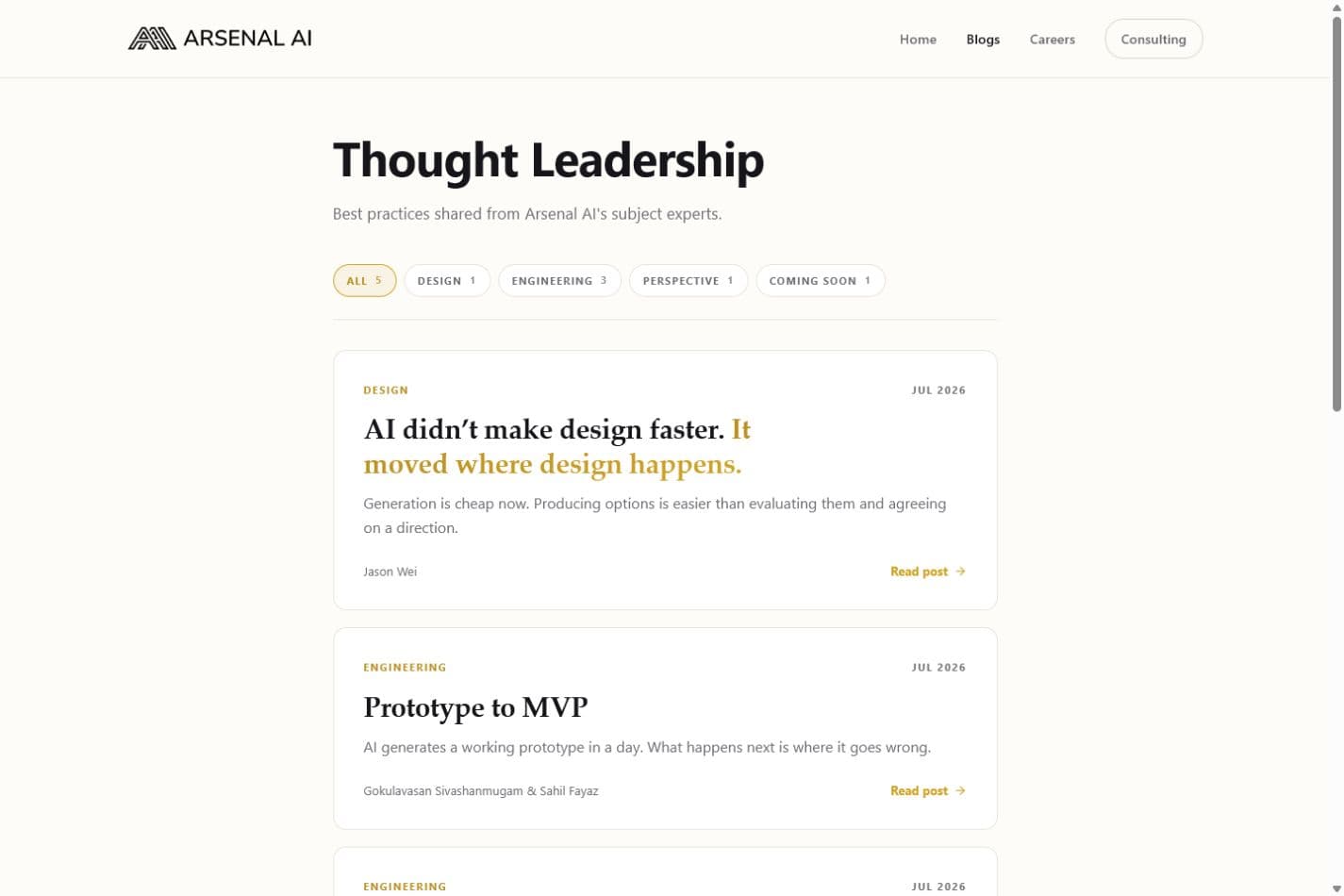 Arsenal AI blog index showing a structured set of articles across design, product, and company perspectives