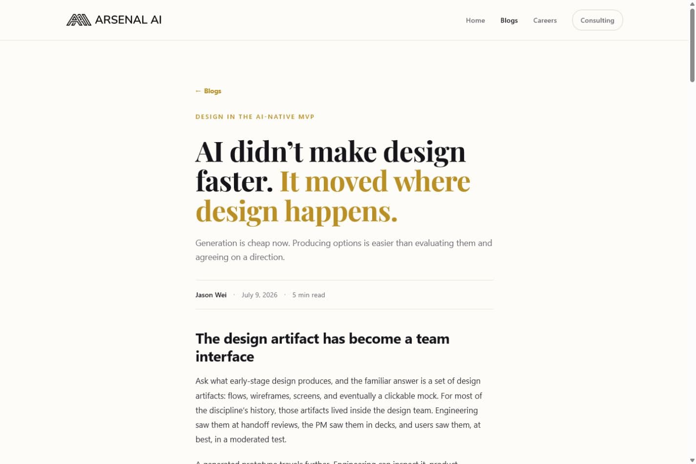 Arsenal AI editorial article page with a large serif headline, gold emphasis, author credit, and long-form layout