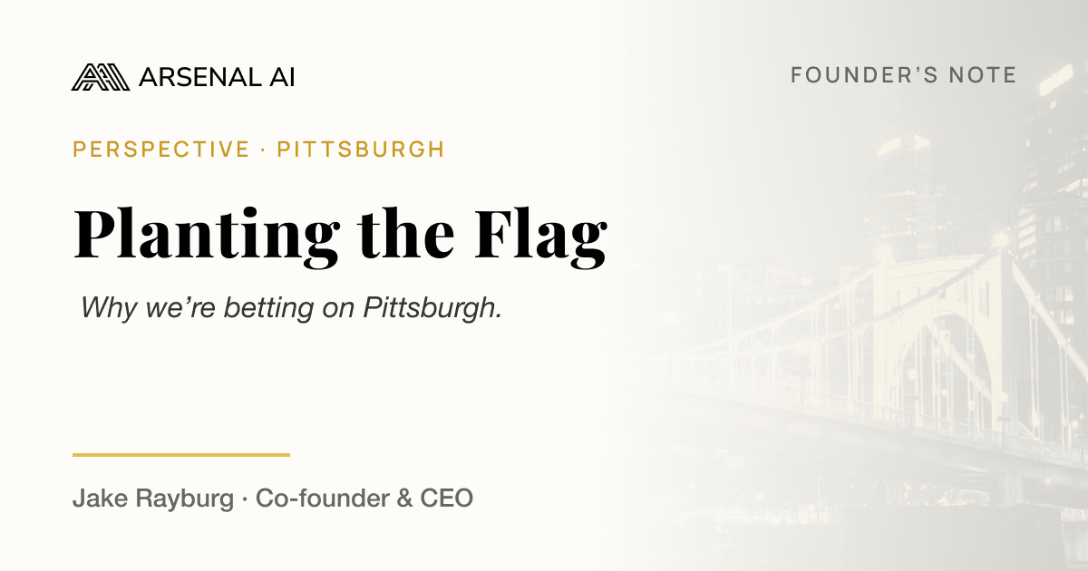 Arsenal AI editorial title card using the wordmark, gold accent, serif headline, and Pittsburgh bridge image