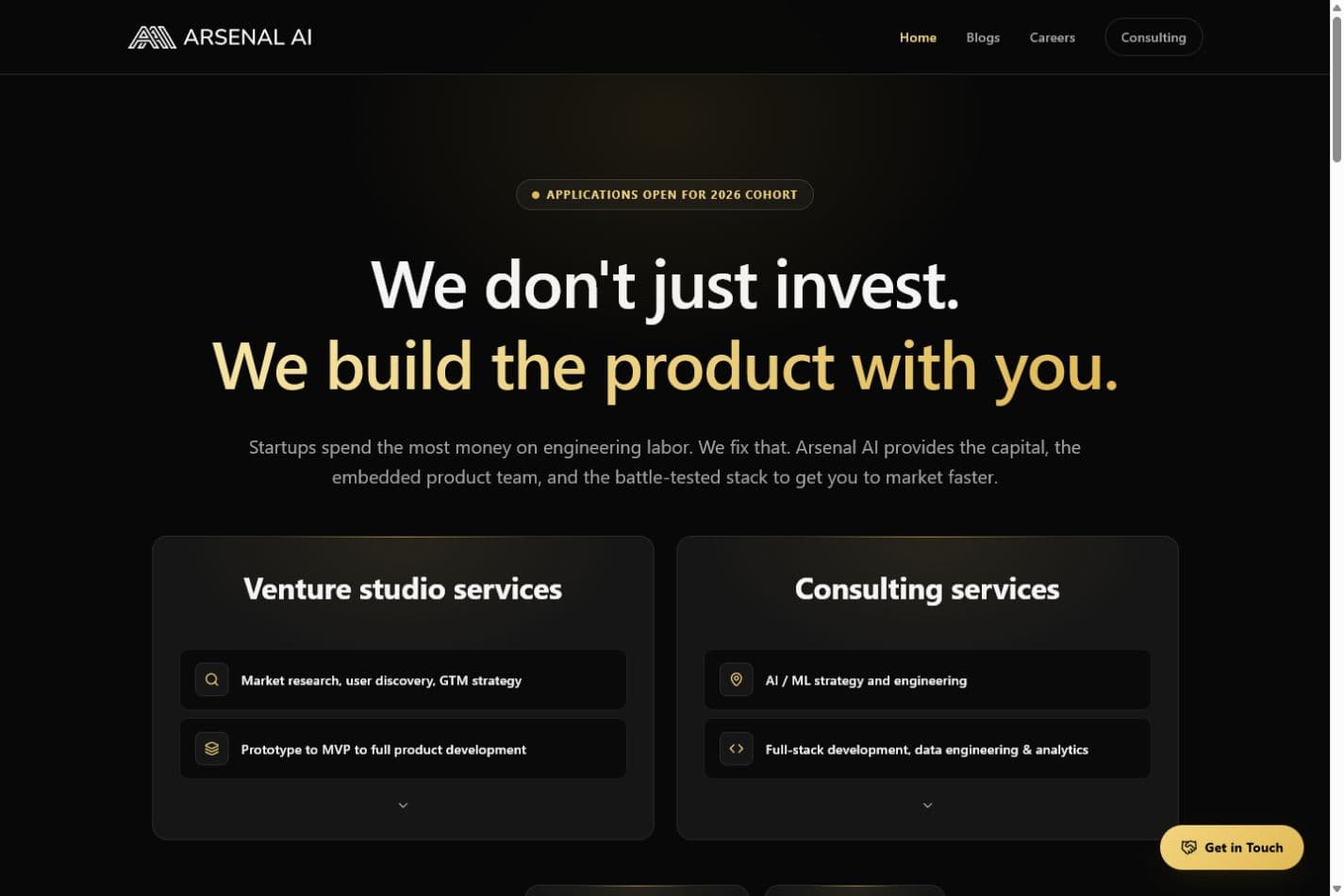 Arsenal AI homepage at desktop width showing the identity, positioning, navigation, and service modules