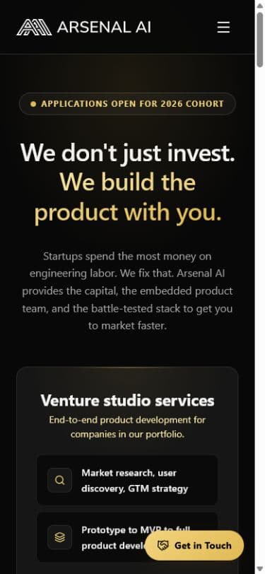Arsenal AI homepage at mobile width preserving the identity, message hierarchy, and primary action
