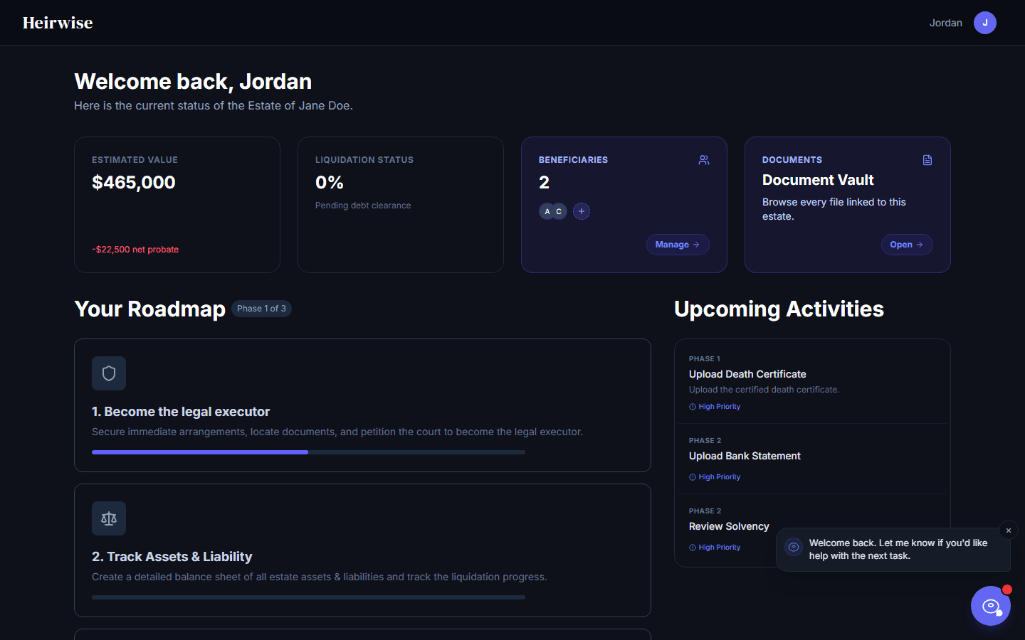 Executor dashboard showing estimated estate value, liquidation status, beneficiaries, document vault, and a phased roadmap