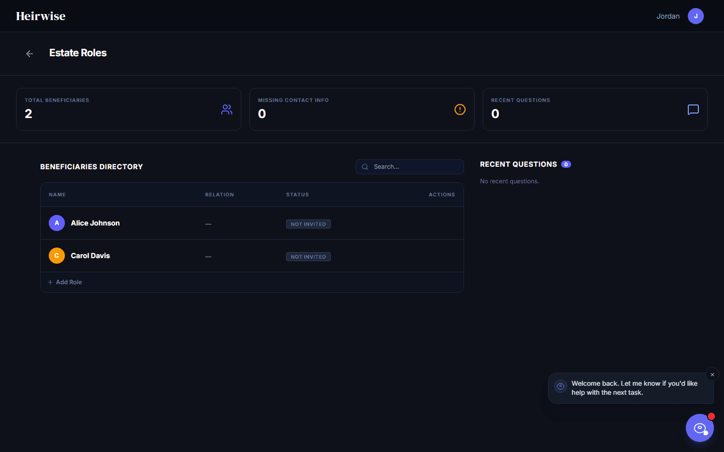 Estate roles page listing beneficiaries with invite status