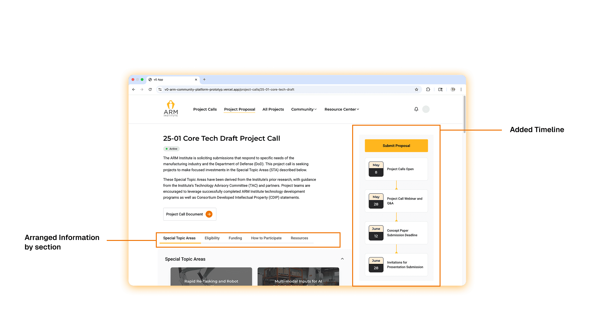 Project call detail page with tabbed sections, persistent submission action, and visible deadline timeline
