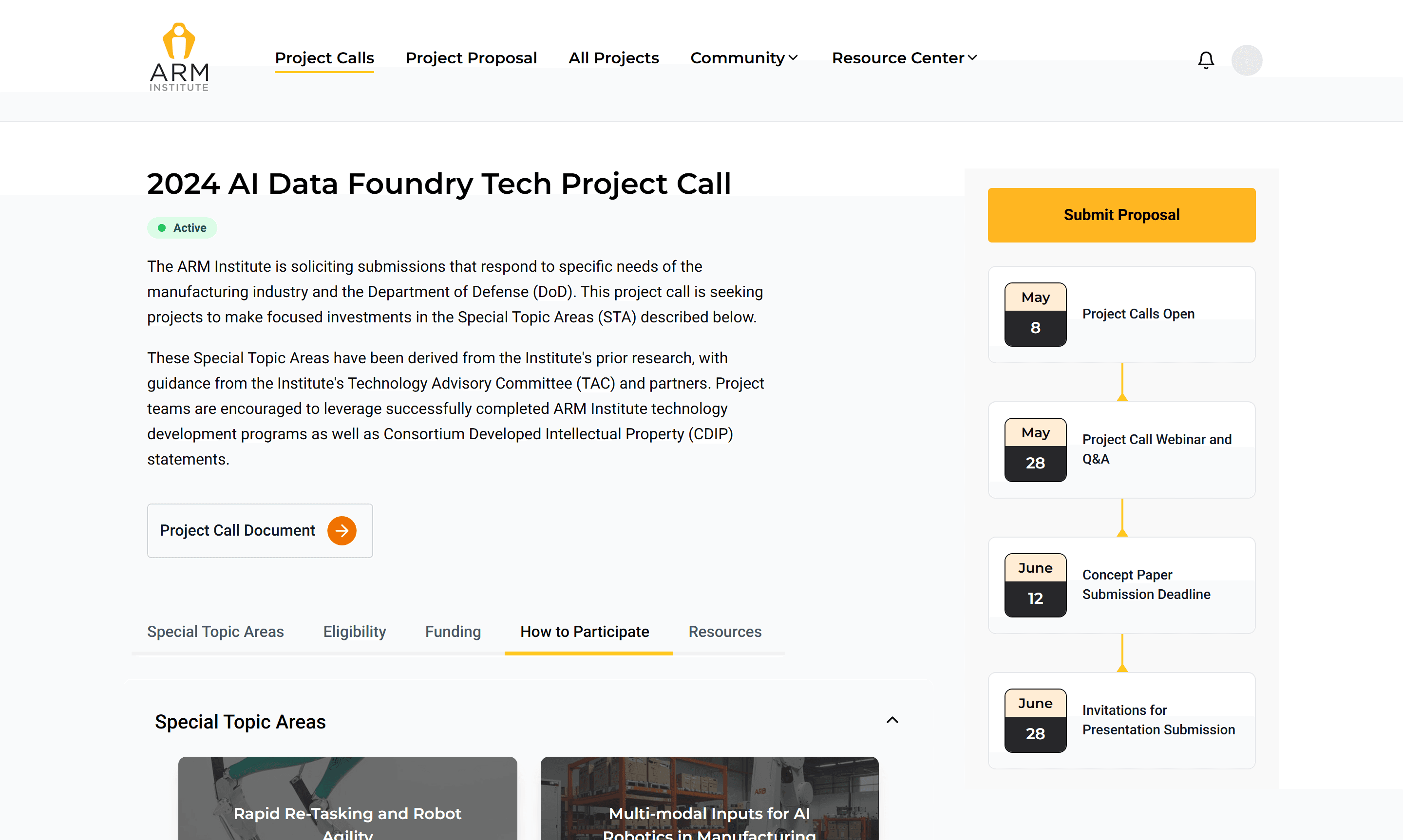 Project-call detail in the running prototype: tabbed sections for topic areas, eligibility, funding, participation, and resources, a right-side deadline timeline, and a persistent submit-proposal action